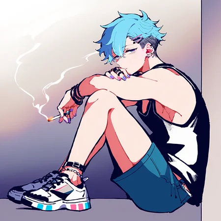 best quality, amazing quality, best aesthetic, amazing aesthetic, 2023, <lora:Sumi-ePonyXL:1.5>, sumi-e, monochrome, full body, sumi-e, 1boy, side view, sneakers, shoes, t-shirt, sitting, leaning on wall, tank top, jean shorts, ring, bracelet, anklet, hair accessory, hair, short hair, sidelocks, punk, blue hair, half-closed eyes, ear piercing, hair ornament, hairclip, looking at viewer, multicolored nails, piercing, multicolored eyes, purple nails, solo, handband, street, cigarette, smoke