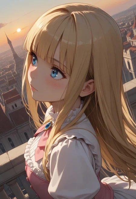 (score_9, score_8_up, score_7_up), 1girl, solo,( blonde hair), blue eyes, long hair, hime cut, long bangs, small breasts, pink corset, frills, white dress, sunrise,
(face focus, close-up:1.4), rooftops, mansion, city, pink boots,
fisheye, (relaxed, dutch angle:1.2),
looking away, blush, from behind, standing, from above, from side, cowboy shot,