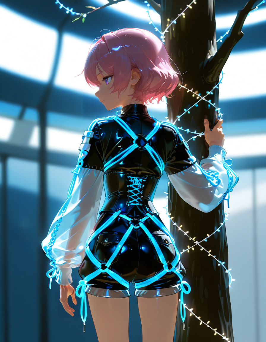 . masterpiece, best quality, amazing quality, very aesthetic, absurdres, newest, scenery, highres, high detail, safe, sfw, from behind, String lights wrapped around the subject for a whimsical look (Wrapped String Lights)., w0gf1l, 
1girl, CivChan, purple eyes, pink hair, hair_between_eyes, serious, transparent slim upper body clothing,  graphene weave,  3d printing materials, three-quarter sleeves, knee length, drop waist, cargo pockets,,sheer panels, zipper closure,,patches,,distressed details,coin pockets, slim lower body clothing, nano-reinforced coating, bio-mechanical pattern,  relaxed fit, high waist, embroidery details,,cutout details, corset closure,,contrast stitching,chest pockets,,overdyed wash,,d-rings made of tiny neon glass filaments, holding Titan's Plates made of tiny neon glass filaments, Standing with one hand on a tree or pole, in Futuristic spaceport with spaceships docked and preparing for launch., 
, , , 
, <lora:CivChan_SDXL:1>,<lora:hand 5.5:1>,<lora:Dynamic Poses:1>,<lora:World_of_Glass_Filament:1.2>