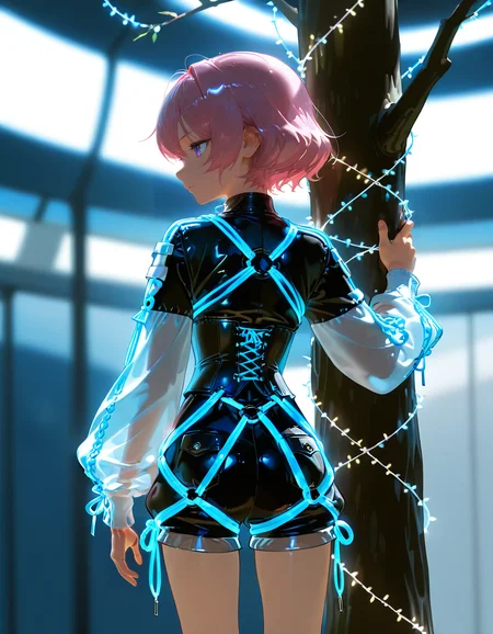 . masterpiece, best quality, amazing quality, very aesthetic, absurdres, newest, scenery, highres, high detail, safe, sfw, from behind, String lights wrapped around the subject for a whimsical look (Wrapped String Lights)., w0gf1l,
1girl, CivChan, purple eyes, pink hair, hair_between_eyes, serious, transparent slim upper body clothing, graphene weave, 3d printing materials, three-quarter sleeves, knee length, drop waist, cargo pockets,,sheer panels, zipper closure,,patches,,distressed details,coin pockets, slim lower body clothing, nano-reinforced coating, bio-mechanical pattern, relaxed fit, high waist, embroidery details,,cutout details, corset closure,,contrast stitching,chest pockets,,overdyed wash,,d-rings made of tiny neon glass filaments, holding Titan's Plates made of tiny neon glass filaments, Standing with one hand on a tree or pole, in Futuristic spaceport with spaceships docked and preparing for launch.,
, , ,
, <lora:CivChan_SDXL:1>,<lora:hand 5.5:1>,<lora:Dynamic Poses:1>,<lora:World_of_Glass_Filament:1.2>