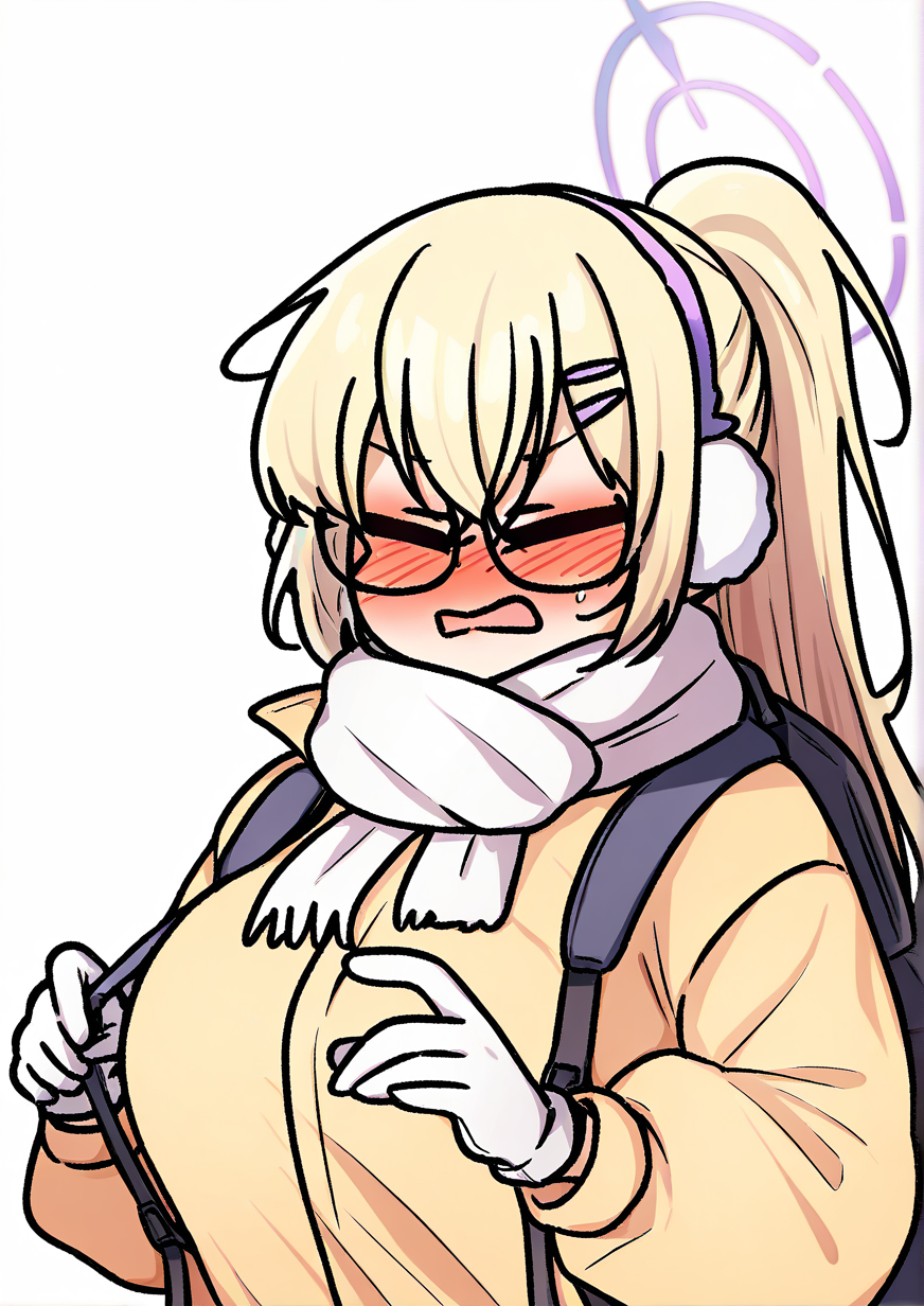 <lora:feelition:1.2>,1girl, kotama (blue archive), kotama (camp) (blue archive), huge breasts, backpack, bag, blonde hair, blush, closed eyes, crossed bangs, earmuffs, glasses, gloves, hair ornament, hairclip, halo, jacket, long hair, long sleeves, official alternate costume, open mouth, ponytail, puffy long sleeves, puffy sleeves, purple halo, scarf, solo, upper body, white gloves, white scarf, yellow jacket, very awa, masterpiece, best quality, newest, highres, absurdes,amazing quality
