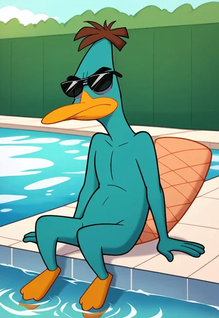 c4toony style, Doofapus, platypus, sfw, score_9, score_8_up, score_7_up, score_6_up, score_5_up, score_4_up, source_furry, hi res, 2D artwork.

1boy, solo, teal fur, male furry, duck feet, orange feet, webbed feet, duck bill, orange beak, beaver tail, orange tail, sunglasses, relaxed expression.
 
front view, animal focus, sitting.

outdoors, swimming pool, feet in water,
