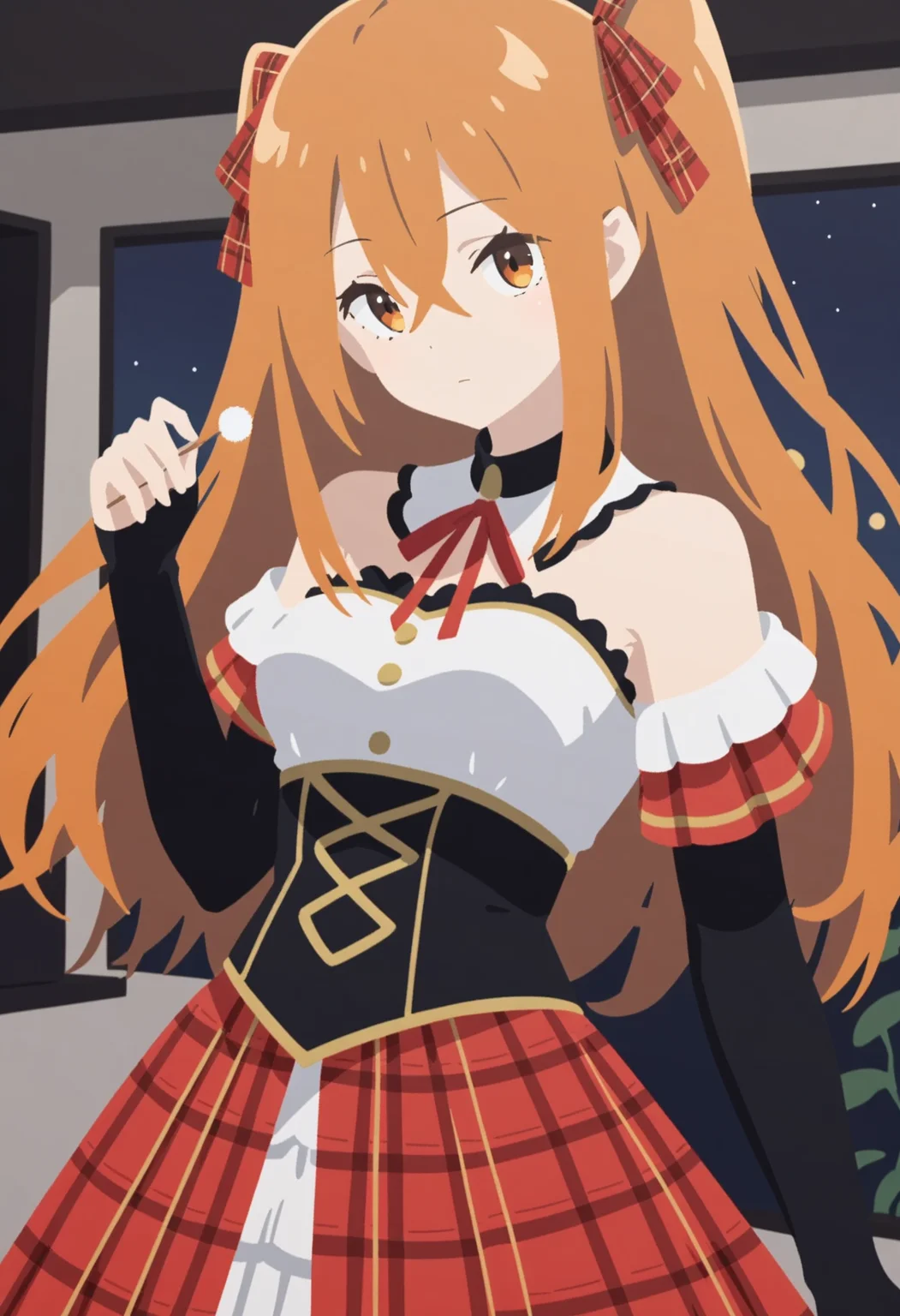 1girl, masterpiece, expressionless, indoors, night, looking at viewer, upper body, mimikaki, shadow, upper body,
BREAK
long hair, orange hair, crossed bangs, sidelocks, two side up, orange eyes, red hair ribbon, red neck ribbon, bare shoulders, black elbow gloves, red pleated skirt, red plaid skirt, frilled skirt, medium skirt, high-low skirt, white skirt, layered skirt, golden trim, medium breasts, black corset, white underbust, detached collar, <lora:yuru_flat:1>