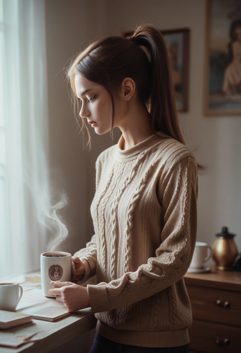 score_9, score_8_up, score_7_up, score_6_up, NSTLG, photorealistic, masterpiece, best quality, high res, 20yo female, long hair, brown hair, hair in ponytail style, slender, bedroom, fit sweater, golden hour, detailed, look away, coffee, mug