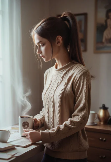 score_9, score_8_up, score_7_up, score_6_up, NSTLG, photorealistic, masterpiece, best quality, high res, 20yo female, long hair, brown hair, hair in ponytail style, slender, bedroom, fit sweater, golden hour, detailed, look away, coffee, mug