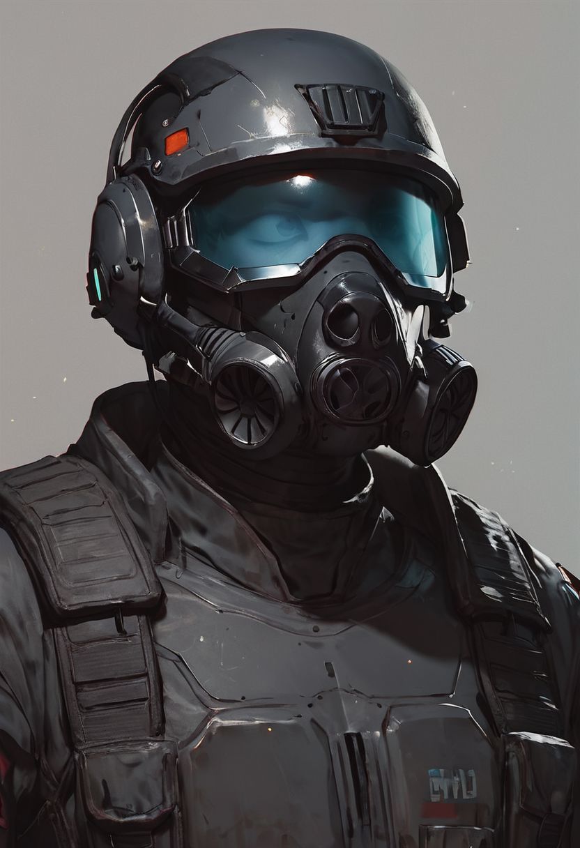 score_9, score_8_up, score_8_up, Soldier, Sci fi Gas mask, grimdark, grey soldier helmet, metal breastplate, grey uniform, black uniform, sci fi, futuristic, space soldier, soldier from future, black visor, darkened visor, holographic symbols on visor