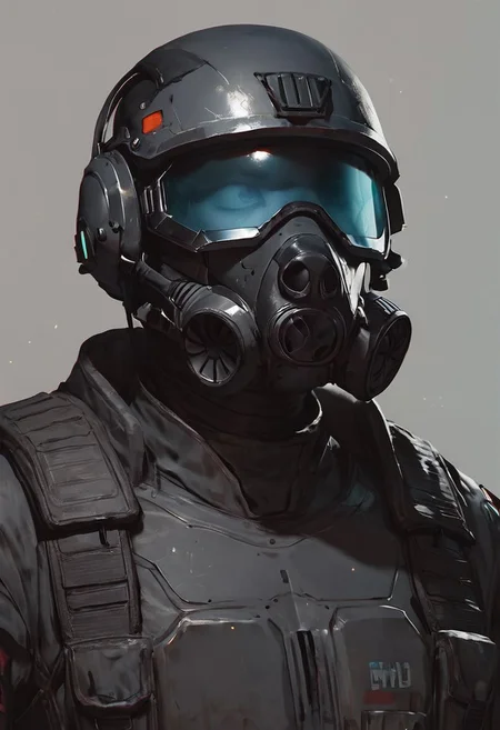 score_9, score_8_up, score_8_up, Soldier, Sci fi Gas mask, grimdark, grey soldier helmet, metal breastplate, grey uniform, black uniform, sci fi, futuristic, space soldier, soldier from future, black visor, darkened visor, holographic symbols on visor