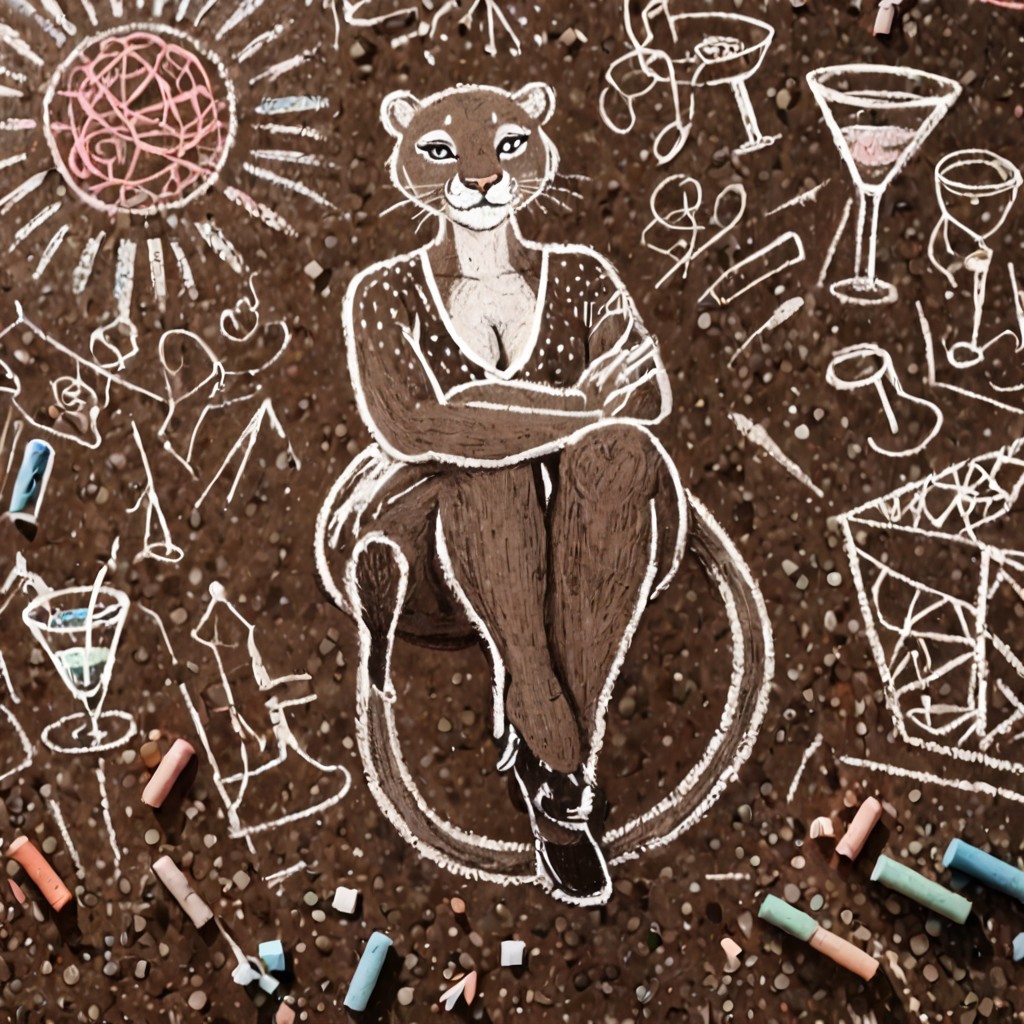 ch4lkdr4wing, colored chalk, 1girl, solo, anthro, mature cougar woman, martini, seductive look, sexy pose