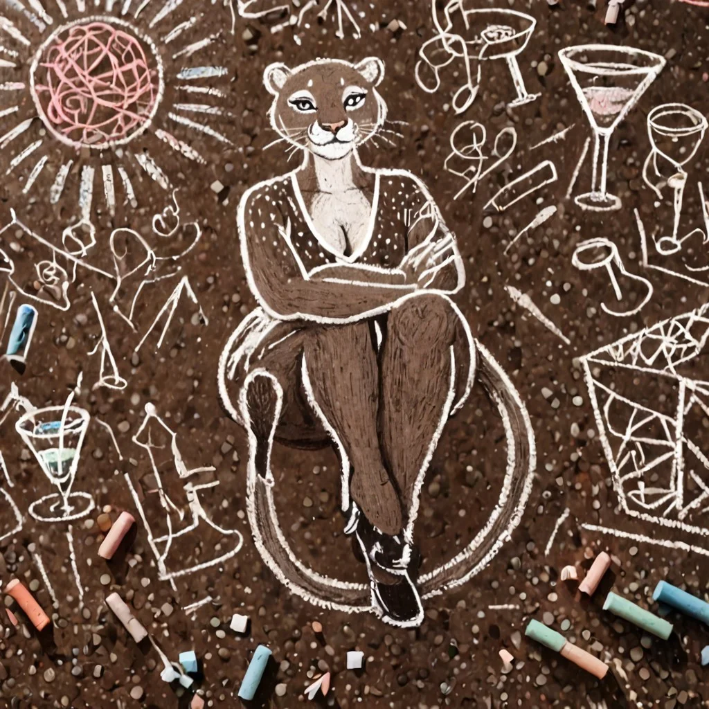 ch4lkdr4wing, colored chalk, 1girl, solo, anthro, mature cougar woman, martini, seductive look, sexy pose