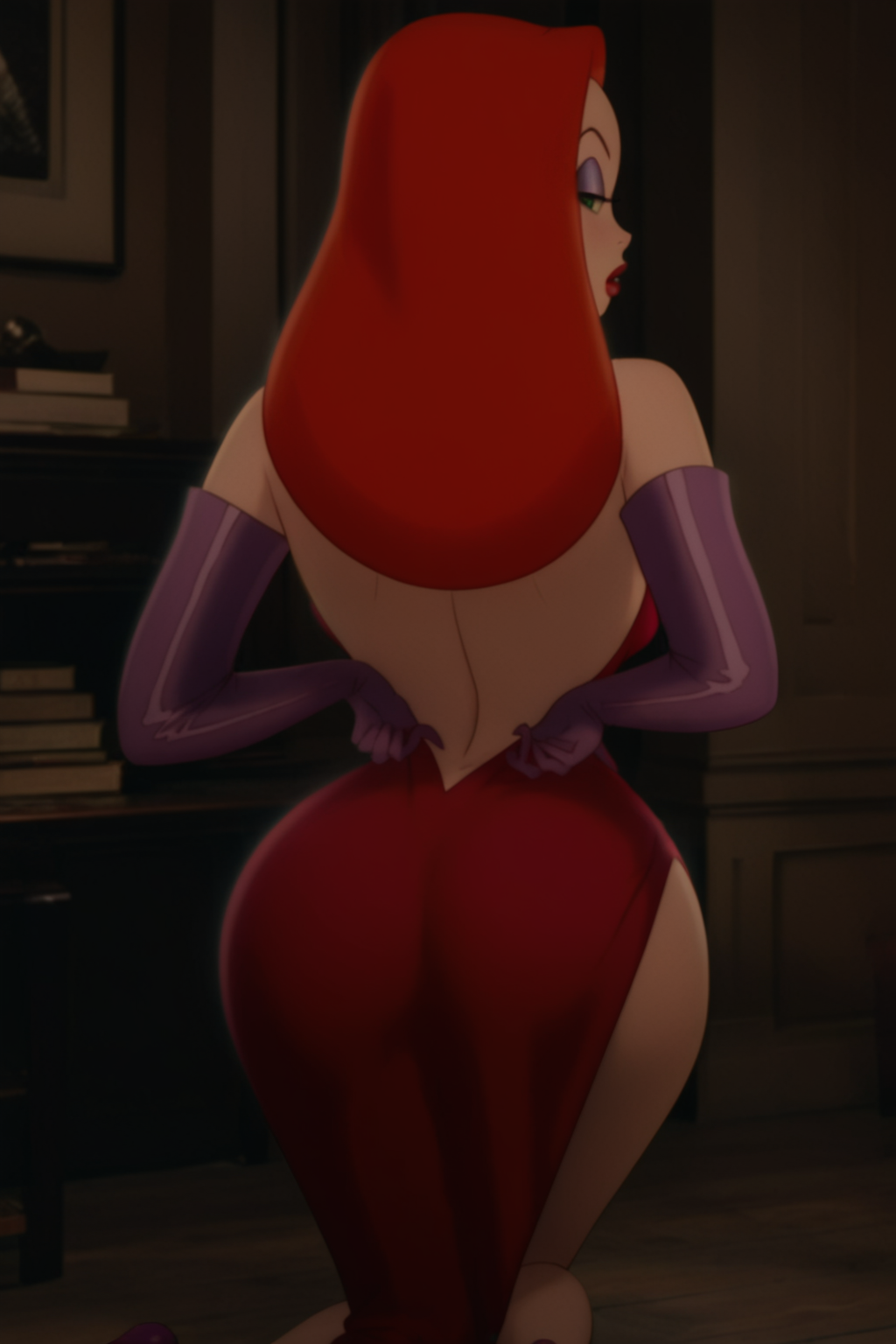 score_9, score_8_up, score_7_up, score_6_up, score_5_up, score_4_up, BREAK, 1boy, <lora:Jessica_Rabbit:.8>, 1girl, Jessica, red hair, green eyes, purple eyeshadow, red dress, side slit, backless dress, purple elbow gloves, high heels, kneeling, from behind, ass, looking back, looking at viewer, lifting dress, dress lift