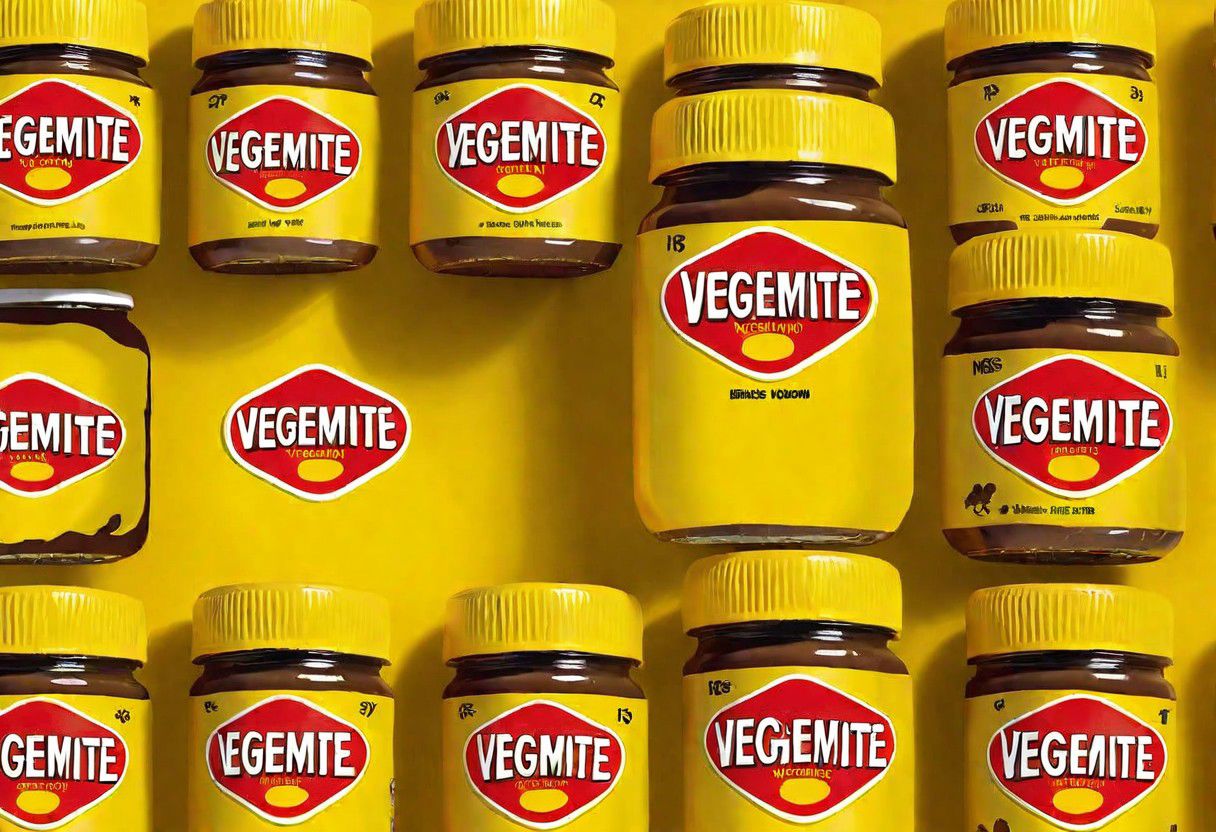 VegemiteArt, Beatles album cover by Peter Marks, Surrealism, Pop Art, Jars of Vegemite on a Yellow Submarine, OseaDuskIsland CS-OBG , 1960s album cover art, Vegemite spread memecore art FobEnd