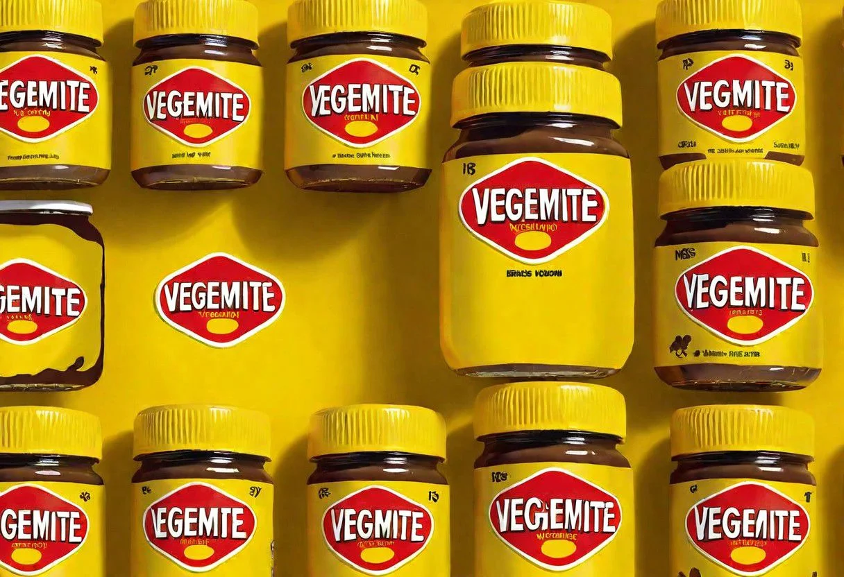 VegemiteArt, Beatles album cover by Peter Marks, Surrealism, Pop Art, Jars of Vegemite on a Yellow Submarine, OseaDuskIsland CS-OBG , 1960s album cover art, Vegemite spread memecore art FobEnd