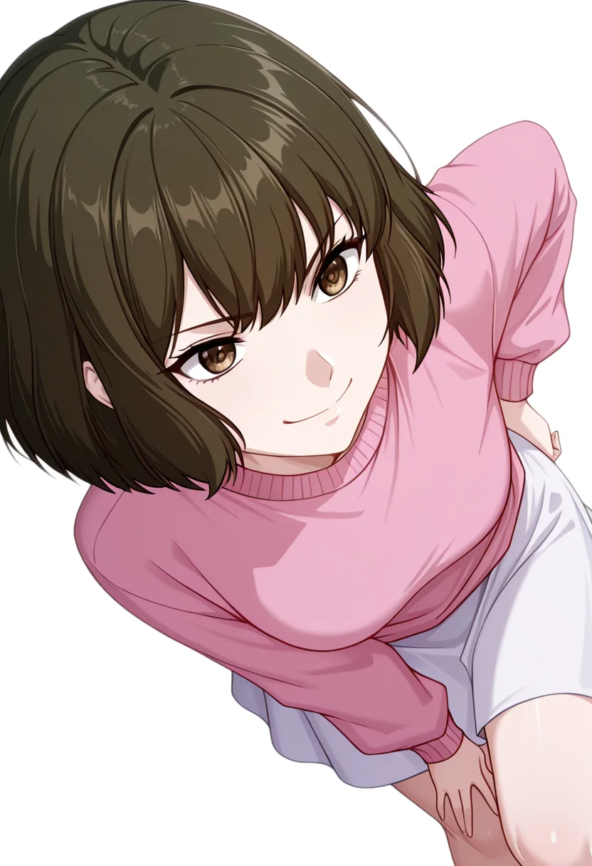 masterpiece,high quality details, absurdres,
 <lora:Akira_Dojima_V2:0.8>akira_cnr,1girl, brown hair, short hair, bob cut, bangs,brown eyes, akira_def, white skirt,pink sweater,, simple background, white background, dutch angle,solo,, serious,forced smile,, top leg bent forward,intense gaze,casual stride,