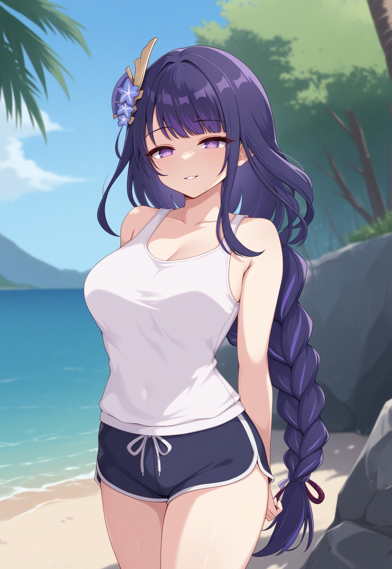 score_9, 1girl, raiden shogun, purple hair, long hair, purple eyes, single braid, kumasteam, white tank top, dolphin shorts, hands behind back, smile, parted lips, half-closed eyes, outdoors, 