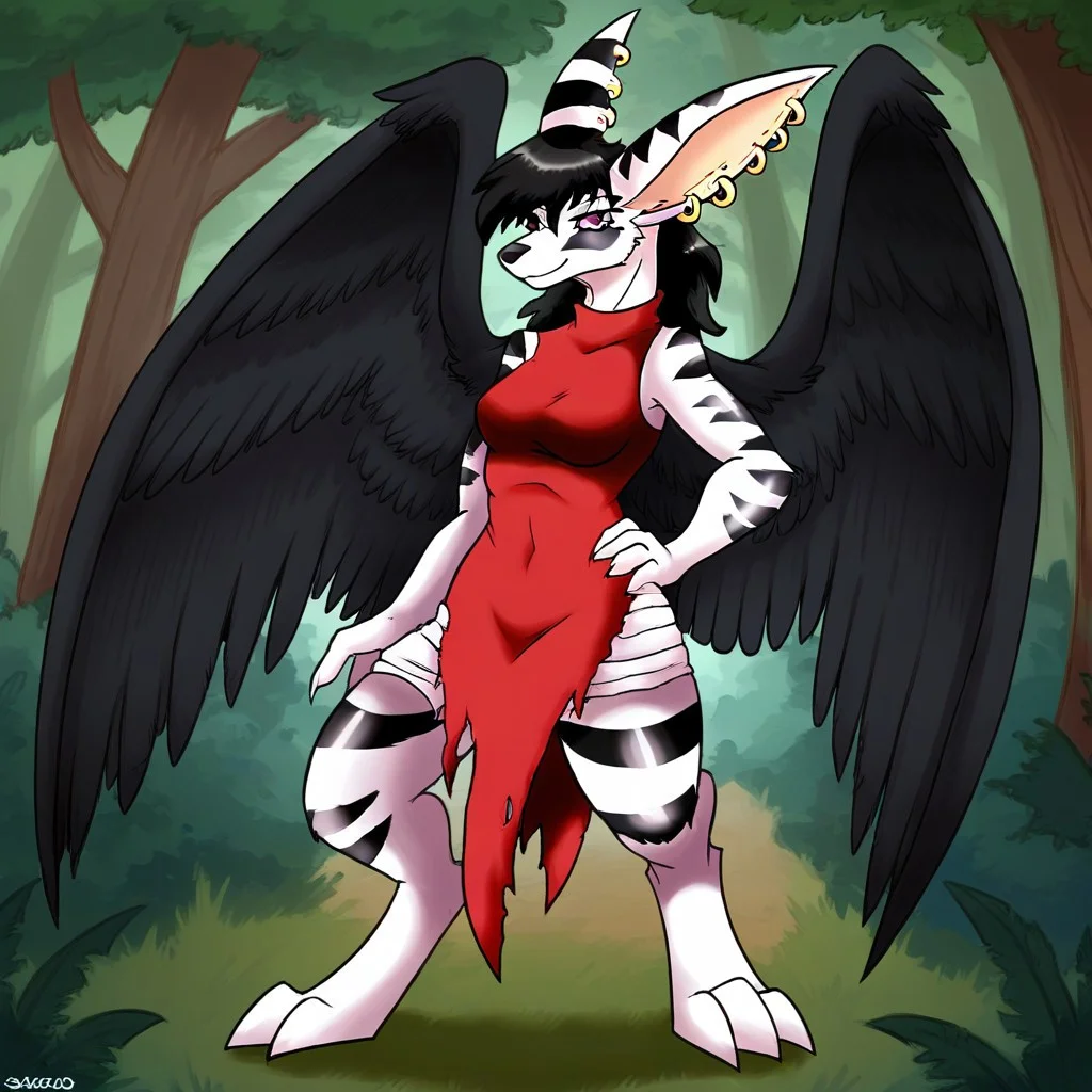 SakidoElexion, female, anthro,long ears,long muzzle, black stripes, white fur, white body, goden ear piercings, red dress, torn dress, long claws, black wings, feathered wings,black hair,
Standing on a forest, hand on hip, smiling, looking at you, forest background, side view
