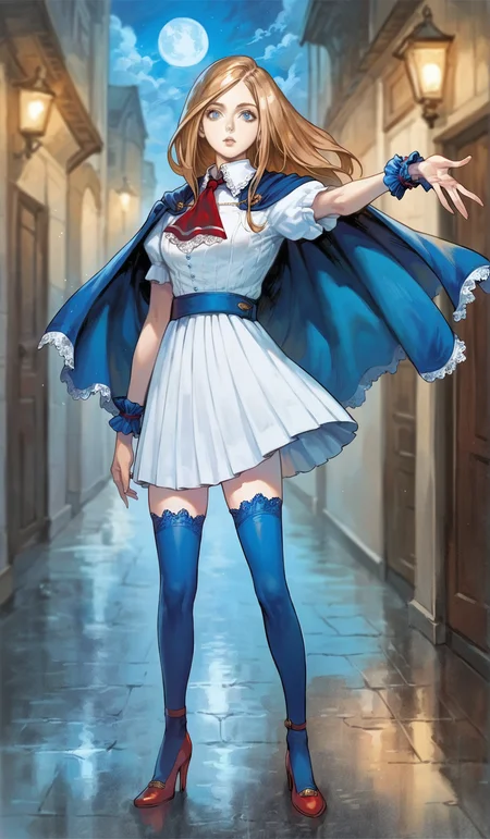 score_9,score_8_up,score_7_up,
highres,highly detailed,
<lora:CharlotteAulin:1>,
charlotteaulin,
1girl,solo,
brown hair,long hair,
blue eyes,looking at viewer,
blue cape with white lace trim,white thigh length dress,white lace trim collar,red tie with white lace trim,short puffed sleeves,blue wrist cuffs,(blue wrap skirt:1.1),
blue lace thigh socks,
full body,red heels,
blurry background,vignetting,outdoors,courtyard,(night:1.2),dark,full moon,dark,light particles,cloudy,rainy days,