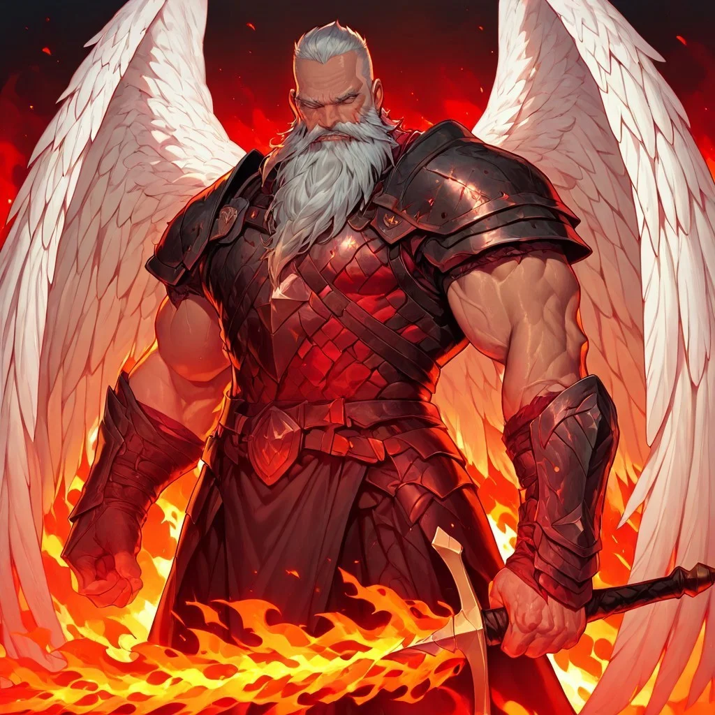 masterpiece, best quality, newest, absurdres, highres, FCOMV1.0, 1boy, angel, angel wings, beard, armor, sword, holding, holding sword, holding weapon, manly, muscular male, fire, fire sword, flame sword,