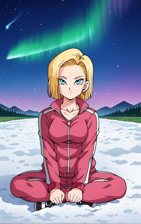 score_9, score_8_up, score_7_up, BREAK
TrackSuit_Android18_ownwaifu, android 18,
1girl, blonde hair, blue eyes, eyelashes, forehead, short hair, earrings, jewelry, breasts, collarbone,
pink jacket, pink pants, track suit, track jacket, track pants, long sleeves, pants, zipper,
(sitting, looking up), aurora, shooting star, star \(sky\), winter, snow, night, scenery, outdoors, <lora:PONYXL_DragonBall_Android18_ownwaifu:0.75> , depth of field, solo,