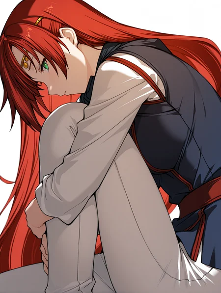 masterpiece,best quality,newest,
1girl,solo,
<lora:elenoa_ilxl_v3.9:1>,elenoa,red hair,very long hair,green eyes,
e_circlet,
e_02clothes,long_sleeves,white sleeves,blue clothes,white pants,
<lora:Fixhands_anime_bdsqlsz_V1:1>,hugging own legs,white_background,simple_background,from_side,profile,sideways_glance,