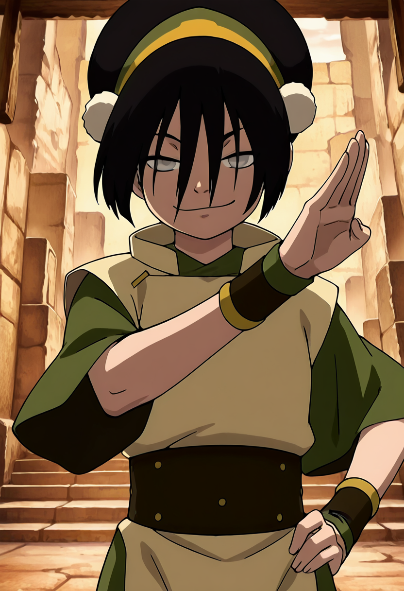 masterpiece, best quality, 1girl, solo,   zzToph, grey eyes, blind, hair between eyes, short hair, black hair,    yellow hairband, wristband, chinese clothes,   smile, hand on hip, smug, (dynamic pose), , <lora:TophAvatar_IXL:1.0>,