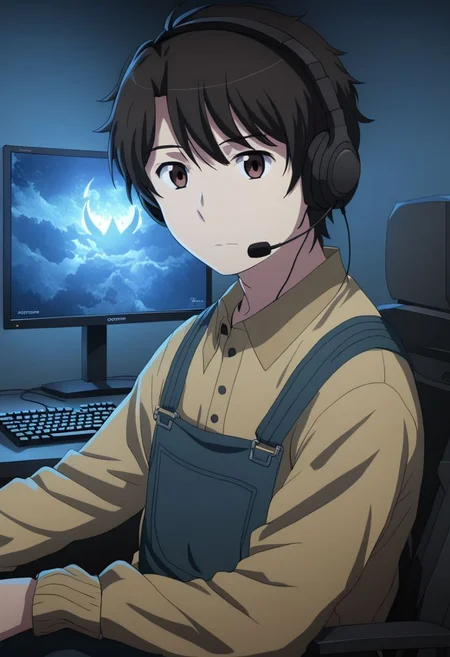 high resolution, solo, best quality, 1Boy, Inaho Kaizuka, Black Hair, Brown Eyes, gamer, bedroom, night, pc, sit, headset, potrait, OverallDetail