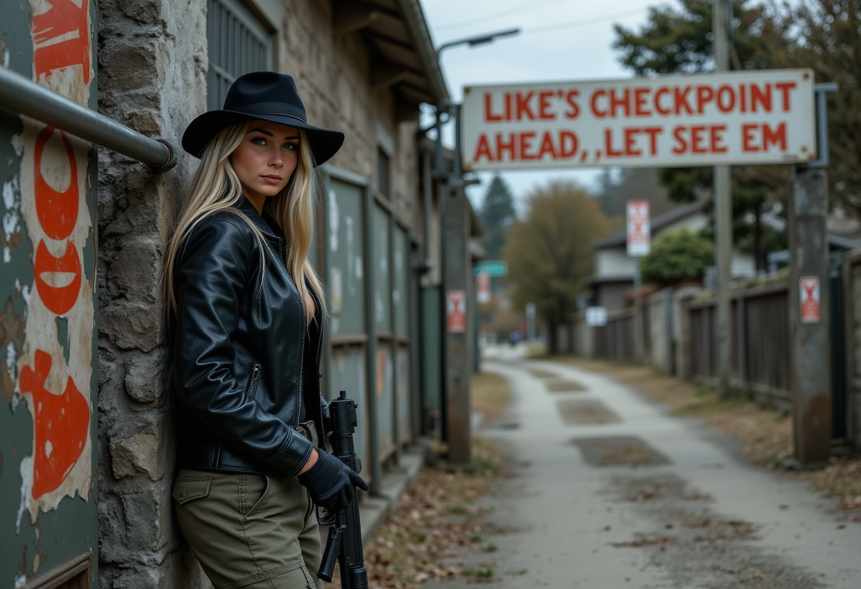full body view, dynamic angles,portrait MotherV2-Fluxgym gaze meets the viewer's, she has large breasts, inviting entry into this breathtaking serene movie of espionage and danger. She has beautiful long hair and green eyes. wearing a black hat. She is standing at a heavily guarded military checkpoint, The sign on the gate reads "Like's checkpoint ahead, let's see em", with a gun in her hand, and her outfit includes a black hat, a black jacket, khaki cargo pants and black boots. The scene is filled with suspense and danger,The scene is filled with suspense and danger, well-lit environment,aidmafluxpro1.1, perfection style,
