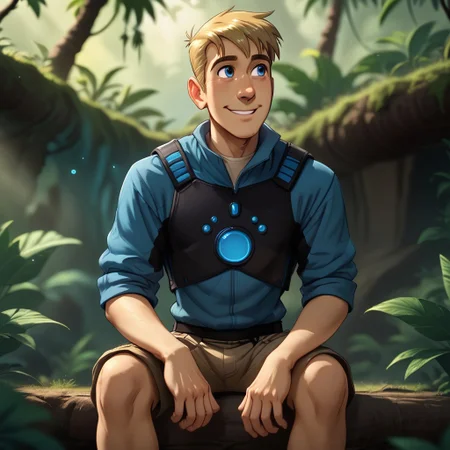 Score_7_up, score_8_up, source_cartoon, detailed, soft shading, soft lighting, male focus,
BREAK, 
1boy, MartinK, blonde hair, blue outfit, wide view, outdoors, jungle, looking into distance, sitting, hands on knees, smile, blurry background,