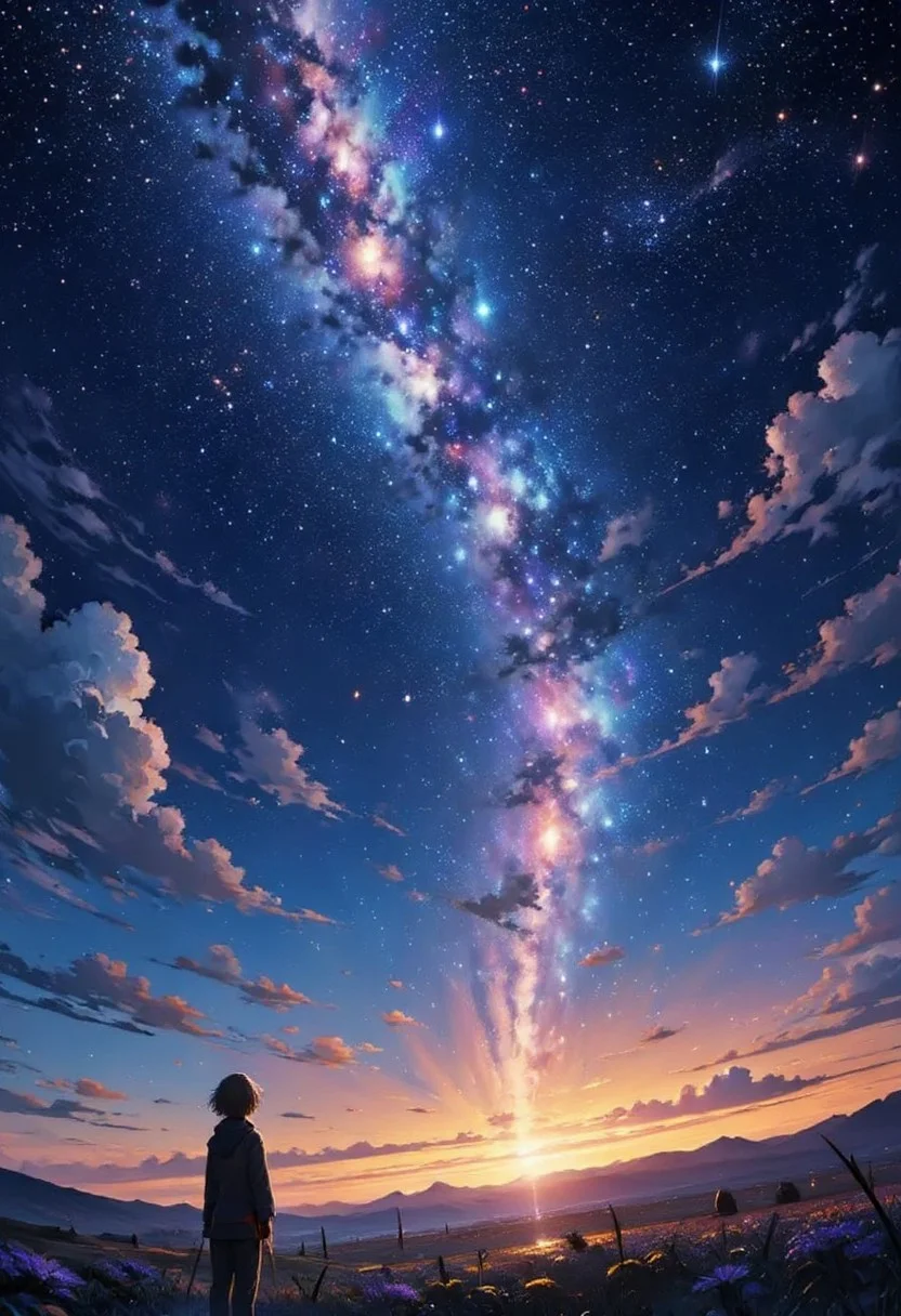 mlkwglx, Milky Way galaxy, stars, 1970s dark fantasy book cover paper art of a blonde man with short hair in a grassy field looking at a starry sky, symmetric back view, dungeons and dragons style drawing