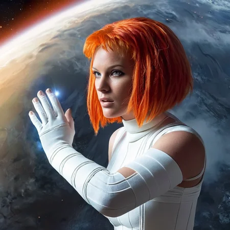 UHD, 4k, ultra detailed, cinematic, a photograph of <lora:detailed:0.5>
<lora:perfection style:0.5>
<lora:Le Cinquieme Element style:0.5>
<lora:Leeloominai:0.9>
Leeloominai In futuristic 2263 Leeloo2 a painting of a woman with red hair floating in space,1girl,solo,breasts,short hair,medium breasts,red hair,underboob,traditional media,sarashi,realistic,space,planet,earth (planet) , 23rd century, realistic, cinematic, film, movie, sci fi, science fiction, action film, The Fifth Element style, Le Cinquieme Element style, white thermal bandage costume, thermal bandages costume style, perfect hands, detailed hands, epic, beautiful lighting, inpsiring