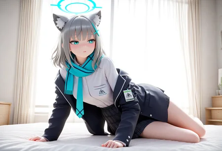 1girl,solo,shiroko_\(blue_archive\),blue eyes,mismatched_pupils,no nose,medium breasts,white collared shirt,blue scarf,black jacket,indoors,window,white curtains,wind,blowing curtains,sunlight,leaning_to_the_side,on bed,bedroom,
