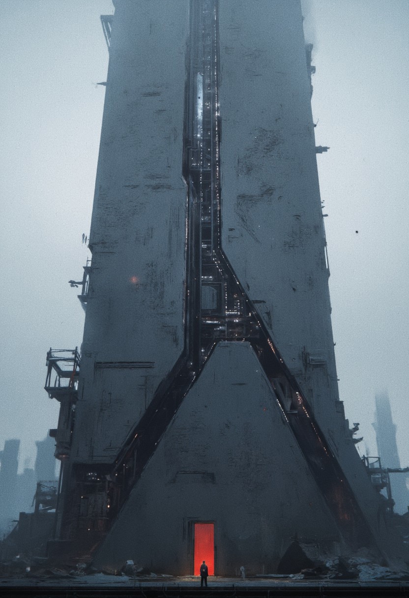 A moody, ultra-detailed photograph, HD, 8K quality, featuring a towering, vertical futuristic building with sleek, minimalist architecture in contrasting shades of greyish-blue. The structure looms against a dimly overcast sky, its surface marked by faint geometric patterns and reflective textures that catch the soft, diffused light. At the base of the immense building, a small, vibrant red door stands out starkly, its bold color breaking the monotony of the somber tones. A lone figure stands before the door, dwarfed by the towering scale of the structure, their posture filled with quiet contemplation. The contrast between the cold, towering building and the vivid red door creates a striking focal point, evoking a sense of mystery and introspection in this atmospheric composition