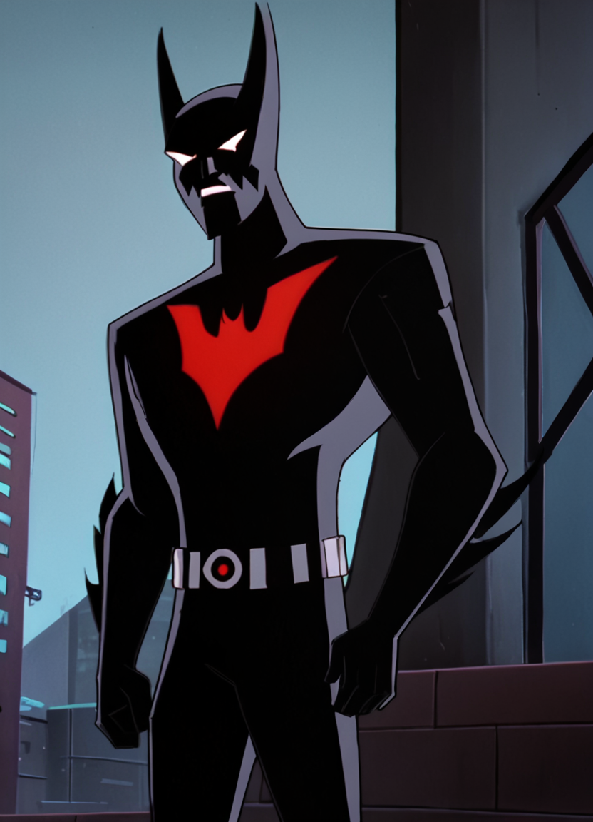 <lora:BatmanBeyondPony1.0:1>BMB, 1boy, solo, male focus,, , parody, belt,standing, black bodysuit, superhero, mask, score_9, score_8_up, score_7_up, score_6_up, score_5_up, score_4_up, looking at viewer,cowboy shot,