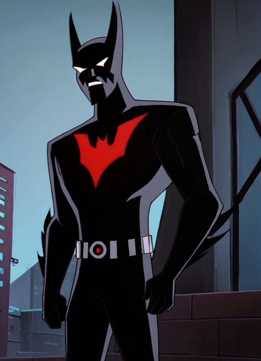 <lora:BatmanBeyondPony1.0:1>BMB, 1boy, solo, male focus,, , parody, belt,standing, black bodysuit, superhero, mask, score_9, score_8_up, score_7_up, score_6_up, score_5_up, score_4_up, looking at viewer,cowboy shot,