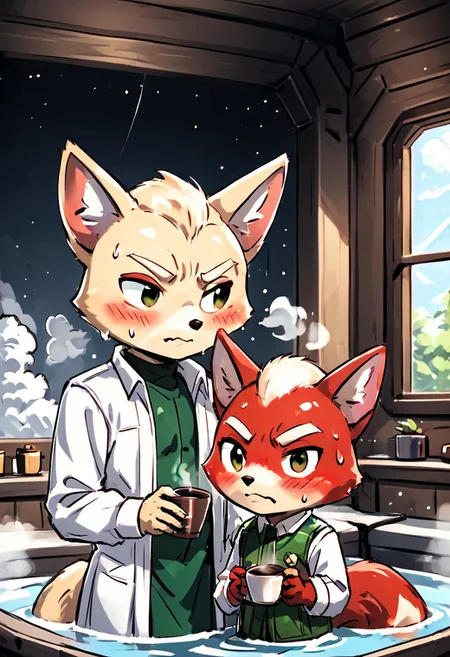 sketch,
  duo,
   cute Fox mcCloud,
   antro, poppy, marshall, white fur, red fur, pink fur, two colored fur, dress, sweater, bangs, blush,
 sweating, embarrassed, horny expression,
hot steam, coffee cup,  bath tub, bath towel,
dark atmosphere, hazy, window  light,