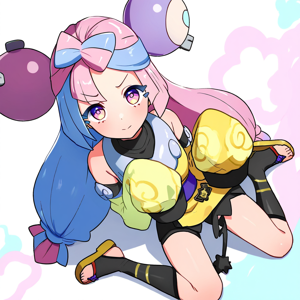 2d, masterpiece, best quality, amazing quality, highres, absurdres, newest, 1girl, solo, sitting, yokozuwari, from above, dutch angle, looking at viewer, multicolored background, simple background, colorful background, medium breasts, sygiono, def colors,  purple hair, blue hair, purple eyes, bow-shaped hair, low-tied long hair, character hair ornament, black shirt, sleeveless dress, two-tone dress, white dress, yellow dress, detached sleeves, yellow sleeves, white, sleeves, purple collar, bare shoulders, sleeves past fingers, oversized clothes, purple sash, black shorts, toeless legwear, black legwear, kneehighs, sandals, yellow footwear, knees