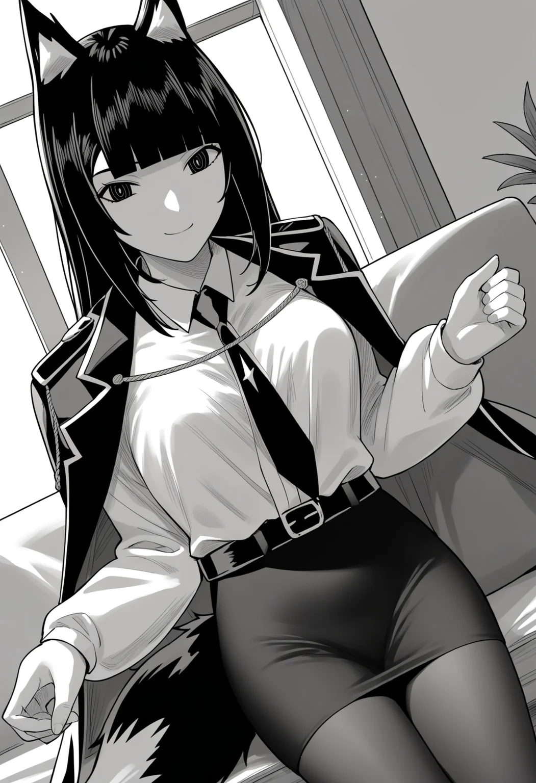 score_9, score_8_up, score_7_up, source_anime,
BREAK
1girl, solo, 
<lora:shiBelialV1:1>, 
shiBelialADRIAN, greyscale, 
black hair, black eyes, 
long hair, fox ears, blunt bangs, fox tail, medium breasts, 
collared shirt, necktie, shiny clothes, 
black jacket, jacket on shoulders, long sleeves, belt,  
pantyhose, black skirt, pencil skirt, 
looking at viewer, smile, indoors,