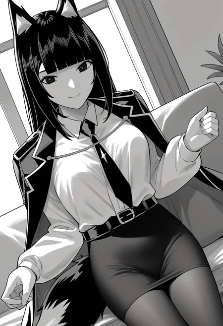score_9, score_8_up, score_7_up, source_anime,
BREAK
1girl, solo,
<lora:shiBelialV1:1>,
shiBelialADRIAN, greyscale,
black hair, black eyes,
long hair, fox ears, blunt bangs, fox tail, medium breasts,
collared shirt, necktie, shiny clothes,
black jacket, jacket on shoulders, long sleeves, belt,
pantyhose, black skirt, pencil skirt,
looking at viewer, smile, indoors,