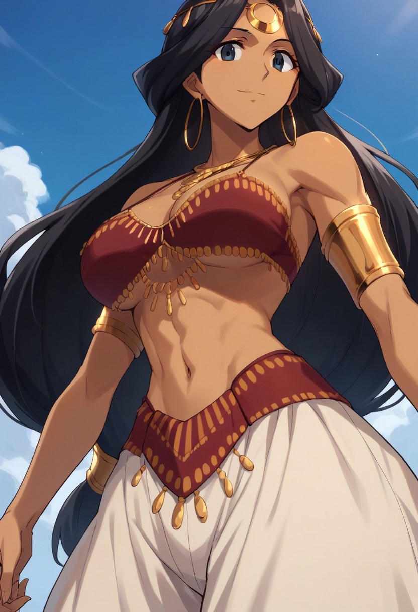 score_9, score_8_up, score_7_up, 1girl, black hair, long hair, black eyes, dark-skinned female, hoop earrings, jewelry, necklace, armlet, bare shoulders, neckline, red bikini, white baggy pants, large breasts, blue sky,  looking at viewer, smile, solo, below view