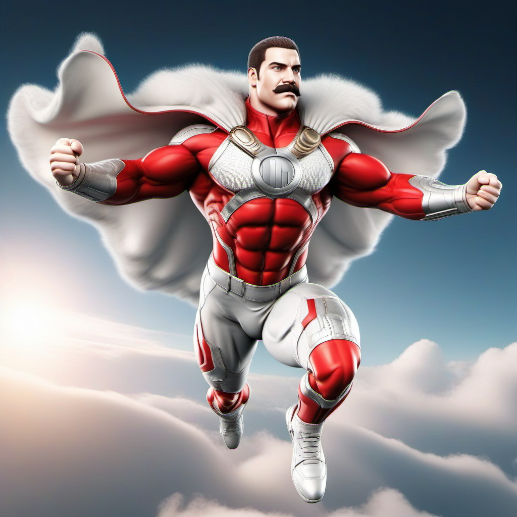professional 3d model a (((full body portrait)))  muscular man with a moustache in a white and red bodysuit, flying in the sky <lora:Thragg1024:0.8> . octane render, highly detailed, volumetric, dramatic lighting