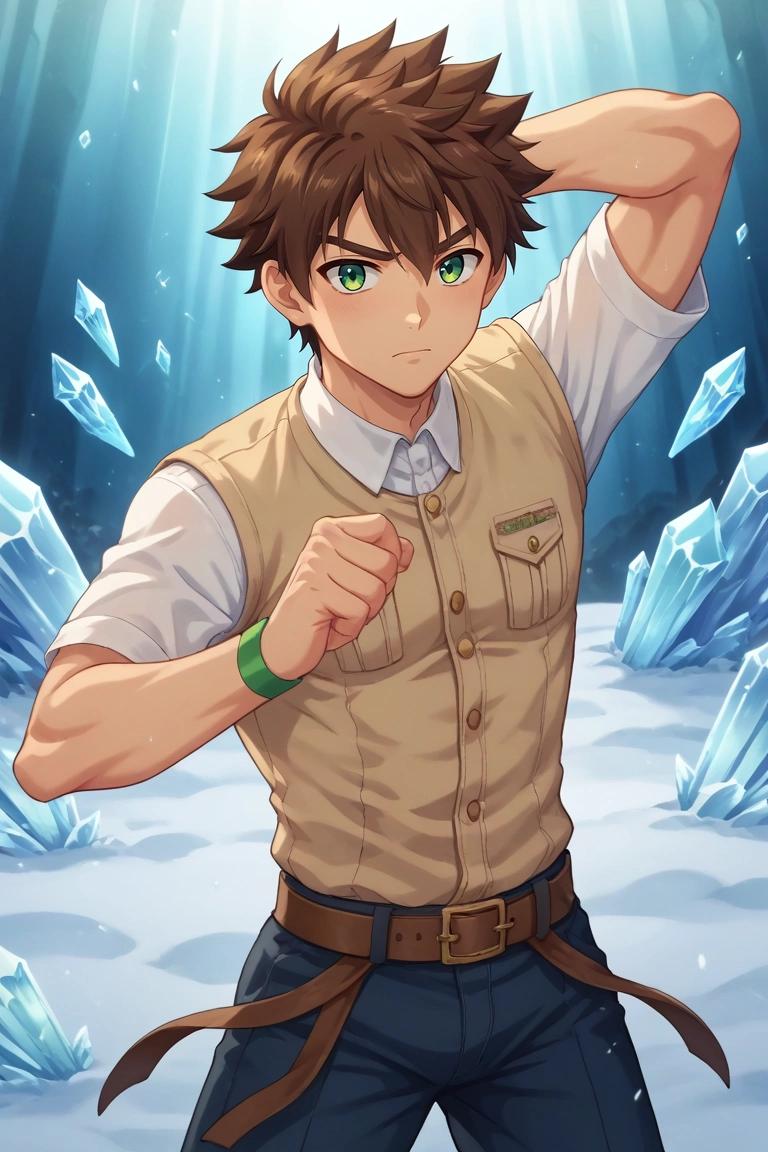 score_9, score_8_up, score_7_up, source_anime, rating_safe, intricate details, anime screencap, , official style, , , 1boy, solo, male focus, <lora:keitaro_nagame_pony:0.92>, keitaro_nagame, brown hair, green eyes, short hair, , , ice labyrinth, frost patterns, crystal walls, snow drifts, exploring pose, determined expression, filtered light, , <lora:sdxl_lightning_8step_lora:1>