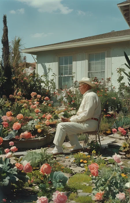 masterpiece,best quality,<lora:tbh157-sdxl:1>,illustration,style of Larry Sultan, garden