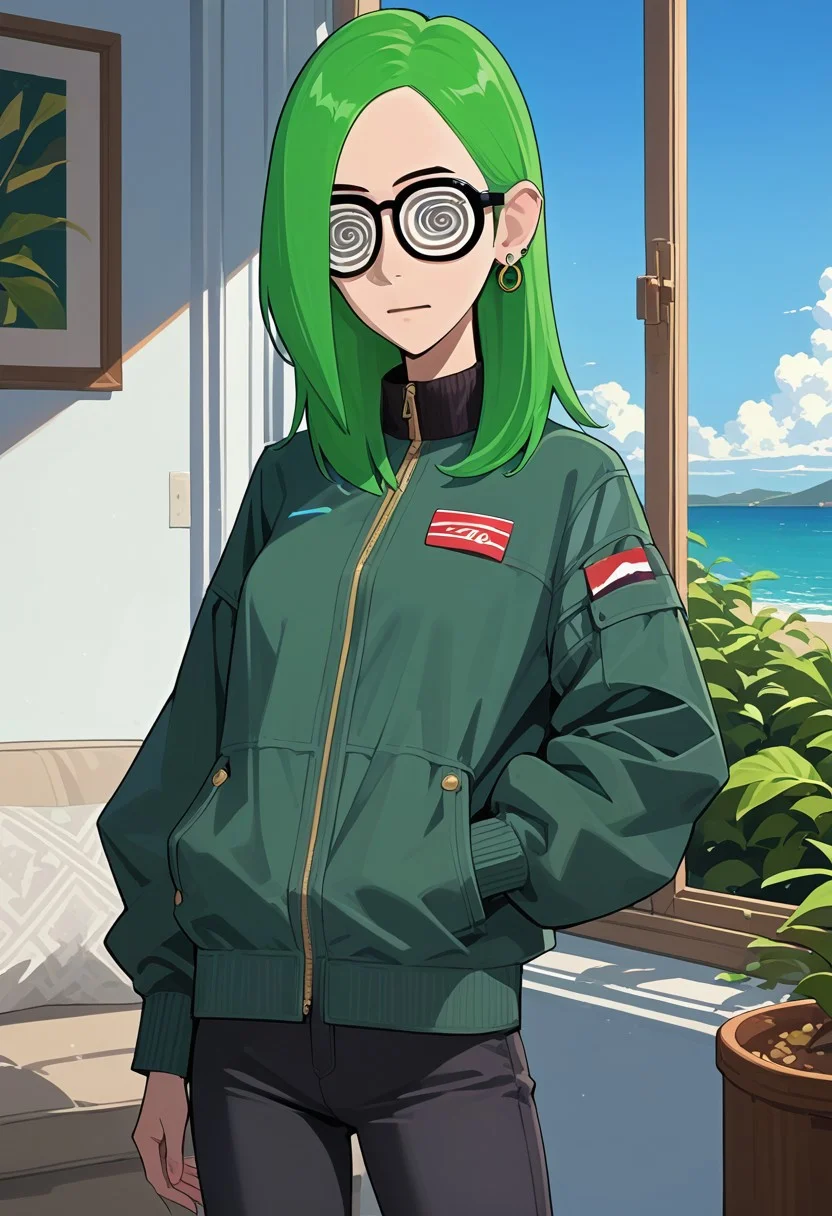 score_9, score_8_up, score_7_up, score_6_up, score_5_up, score_4_up, best quality, ultra detailed, source_anime, intricate details, perfect anatomy, tbmidoriko, green hair, medium hair, hair over one eye, hair behind ear, coke-bottle glasses, solo, jacket, long hair, green jacket, hair over one eye, pants, looking at viewer, jewelry, indoors, black pants, earrings, closed mouth, long sleeves, cowboy shot, shirt, standing, :d, breasts, ^ ^, add_detail:1, add_detail:0, add_detail:0.5, sky, blue sky, Beach,