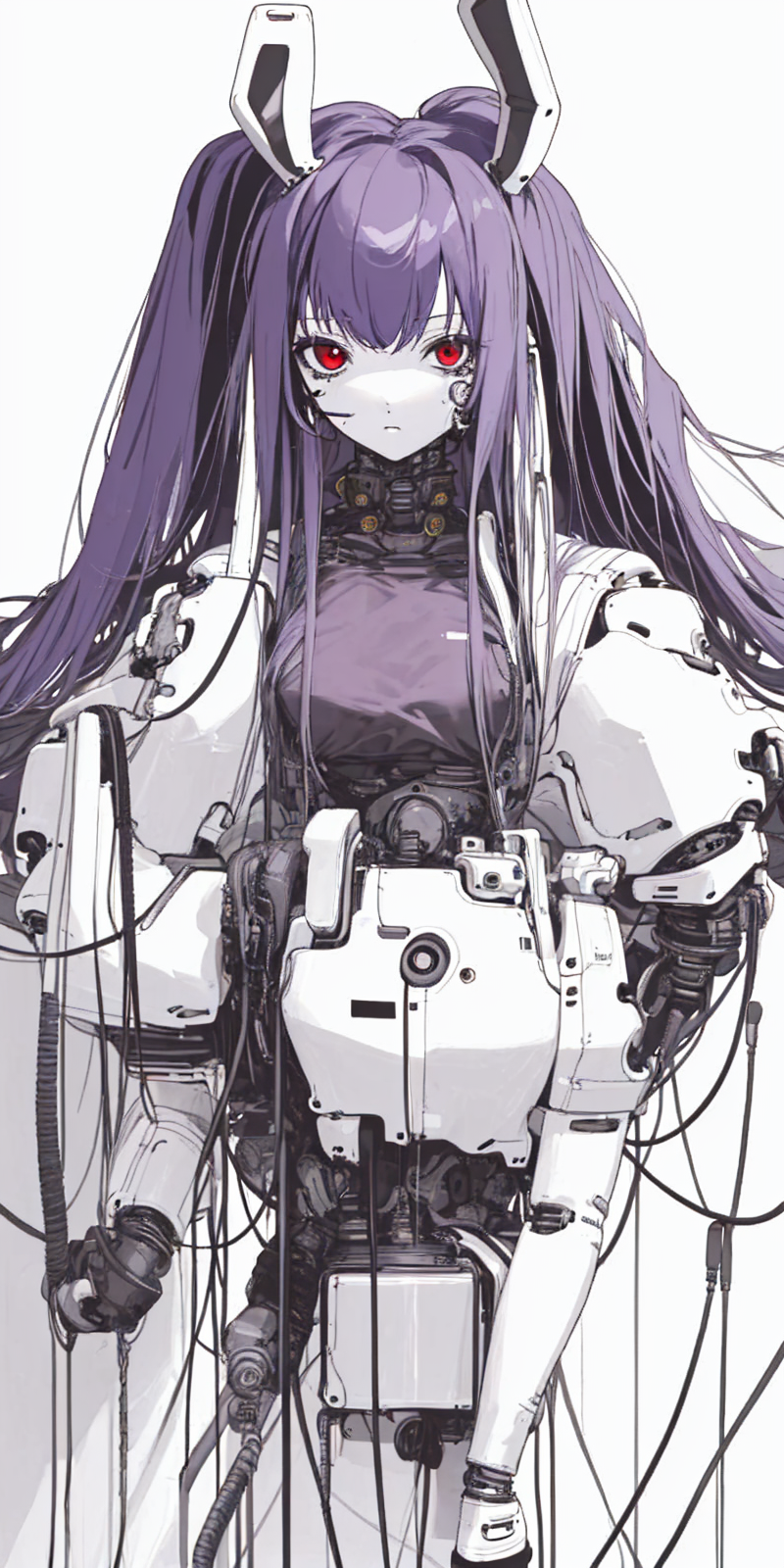 (masterpiece, best quality),upper body,<lora:Blame!:0.8>,heavy black and white, dim light,cyborg,1girl,standing, tubes and cables,Reisen,looking at viewer,long hair, red eyes,wall,