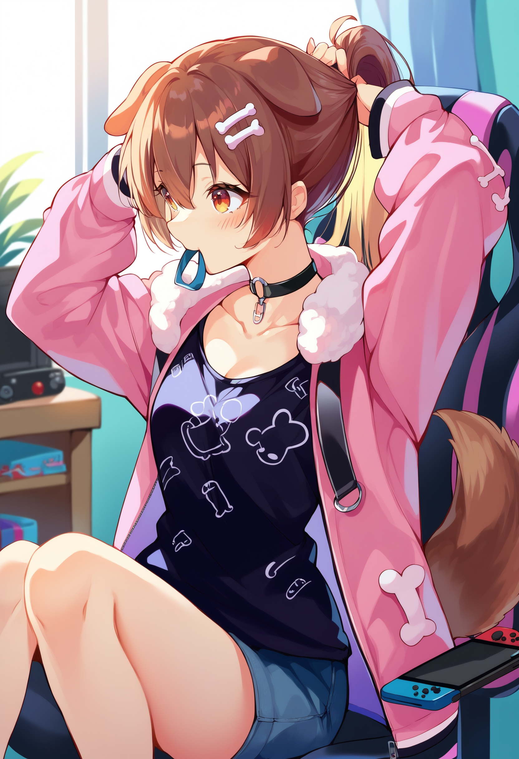 score_9, score_8_up, score_7_up, score_6_up, source anime,
1girl, bone hair ornament, solo, dog girl, dog tail, hair between eyes,
inugami korone casual, official alternate costume, pink jacket, black shirt, o-ring choker, long sleeves, fur trim, ponytail, 
collarbone, open clothes,
arms up, tying hair, profile, mouth hold, hair tie in mouth, blush,
indoors, gaming chair, nintendo switch, handheld game console, sitting
<lora:inugami_korone_v21:1>