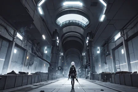 highly insanely detailed, masterpiece, top quality, best quality, highres, 4k, 8k, RAW photo, (very aesthetic, beautiful and aesthetic),
tsutomu nihei,nihei_tsutomu,blame!,blame gakuen!,abara,TNstyle,sidonia_no_kishi,(hangar,megastructure in background,lab,giant room,tower,deep horizon,tunnel),drainpipe,cables,tubes,industrial pipes,star \(sky\),starry sky,light particles,clouds,machinery,ventilation fan,ventilation shaft,bones,concrete walls,metal walls,mist,steam,foggy,smoke,fog,buildings,gauna,gauna mech,wire,walkway,bridge,dome,fence,letterboxed,toha heavy industries,tentacles,air conditioner,dark background,flock,decrepit,open space,science fiction,futuristic,empty,
<lora:blameLora_v10:0.3>,
(1girl:1.3),
solo focus,
silver grey background,copper background,(colored smoke background,gradient background,colored marble background),âââ