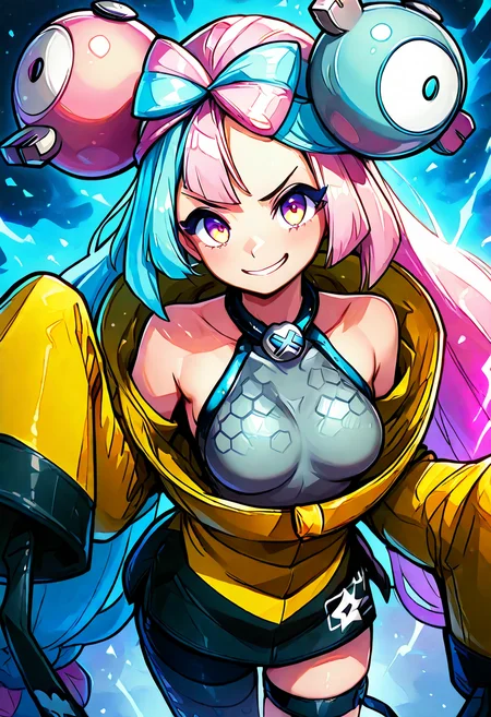 (masterpiece, best quality, good quality, very aesthetic, absurdres, newest:1.2), (curvy, medium breasts), zzIono, solo, 1girl, long hair, pink eyes, blue hair, pink hair, light blue hair, multicolored hair, bow-shaped hair, yellow jacket, sleeves past fingers, single leg pantyhose, thigh strap, <lora:IonoPokemon_NAI:1.0>,, smile, looking at viewer, cowboy shot, aura, energy, electricity, dynamic pose, ,<lora:EnergyCAT_NAI:1.0>,