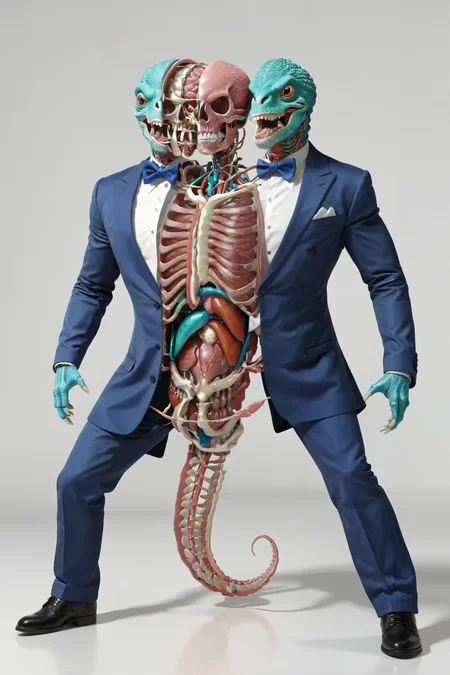 blank space and negative space as bckgroung flat opaqur color as background, (da vinci anatomical pose:1.3), full body 3D model of a humanoid chameleon in a serious mood with a bow tie, moebius wearing nice shoes, by Paul Catherall, architecture, flat-colors, geometric, graphic-design, minimalism, urban-life, gradient, textured, split head, split, split body, inside, <lora:split2:1.1> , full lenght, whole body, he is split in half showing the inside organs and skeleton, (standing on white floor:1.2), realistic photography, raw photo, hdr, detailed texture, highest definition and sharpness image, realistic colors, The vibrant colors and striking contrast are masterfully captured, made in unreal engine, cinematic shot + dynamic composition, incredibly detailed, sharpen, details + intricate detail + professional lighting, film lighting + 35mm + anamorphic + lightroom + cinematography + bokeh + lens flare + film grain + HDR10 + 8K + Roger Deakins, ((cinematic)), The vibrant colors and striking contrast are masterfully captured, atmospheric particles, intricate details, made with the unreal engine, symmetrical, highly detailed, smooth, sharp focus, full-height, cinematic lighting, kkw-ph1, 3d isometric, blender render, high quality texture, hdr, professional photography, detailed texture, 3d cartoon, pixar style, sharp and smooth, animation, extreme detail, ultra quality, HD, high definition, dynamic range, octane render, Masterpiece, crisp clear ultra definition, High dynamic range, vivid, rich details, clear shadows and highlights, realistic, intense, enhanced contrast, highly detailed, dslr, blender render model, 3d motion design element