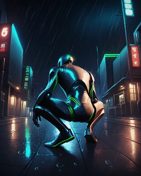 score_9, score_8_up, score_7_up, rating_questionable, intricately detailed,
<lora:Spectre:1>,
1boy(Spec1re, humanoid robot, faceless, green trim, crouching, looking at viewer, wet skin, solo), low angle view, rain, wet street, wet, science fiction city, futuristic buildings, high rises, on a road, at night, darkness, rainfall, dark theme,
back view
,
closeup, detailed background, depth of field,
<lora:ral-chrosc-clr:0.5>, ral-chrosc-clr,
<lora:Expressive_H:0.5>, expessiveH,
<lora:xl_more_art-full_v1:0.3>,
<lora:add-detail-xl:0.3>