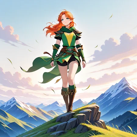 1girl, Windranger, kneehigh boots, wind blown clothing, looking out into the distance, top of a mountain <lora:Windranger Illustrious-000007:1>
