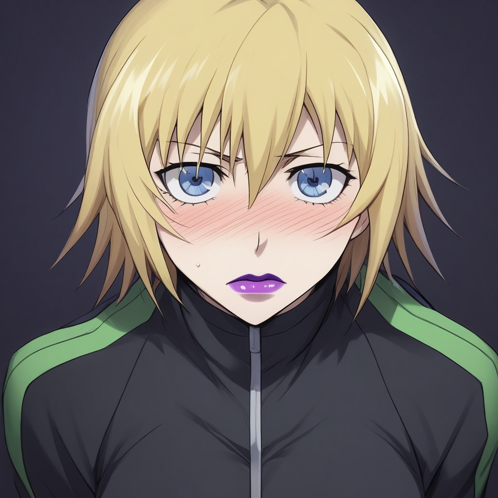 score_9, score_8_up, score_7_up, source_anime, expressive, anime, Artist speedlines, dynamic, D4RK3RTH4NBL4CK, DTB_Style, 1woman, (brita_(darker_than_black):1.2), long_hair, blonde_hair, blue eyes, purple_lips, naked_jacket ,looking at viewer, facing viewer, revealing clothes, convenient_censoring, bare_legs, high_heels, blush, blushing, embarrassed, dark background, Artist style:komori_takahiro